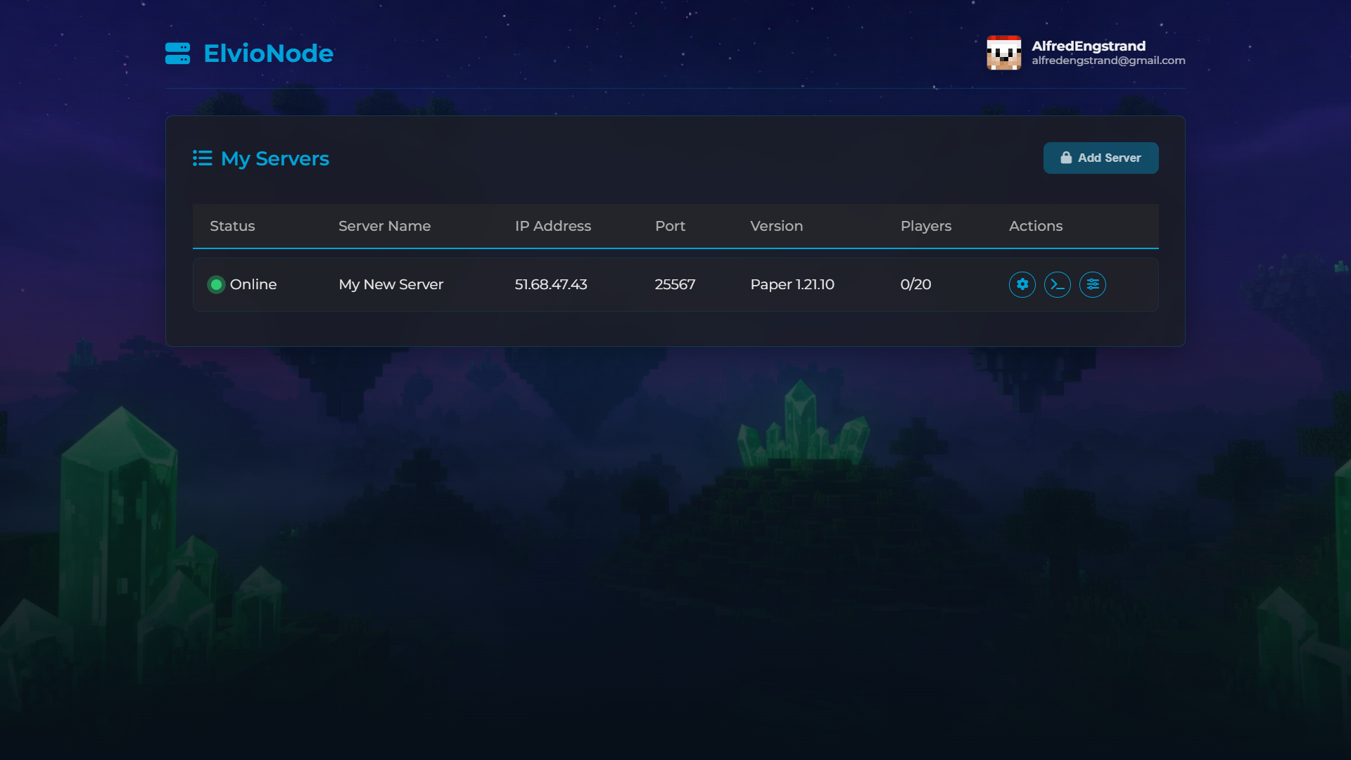 ElvioNode control panel dashboard overview