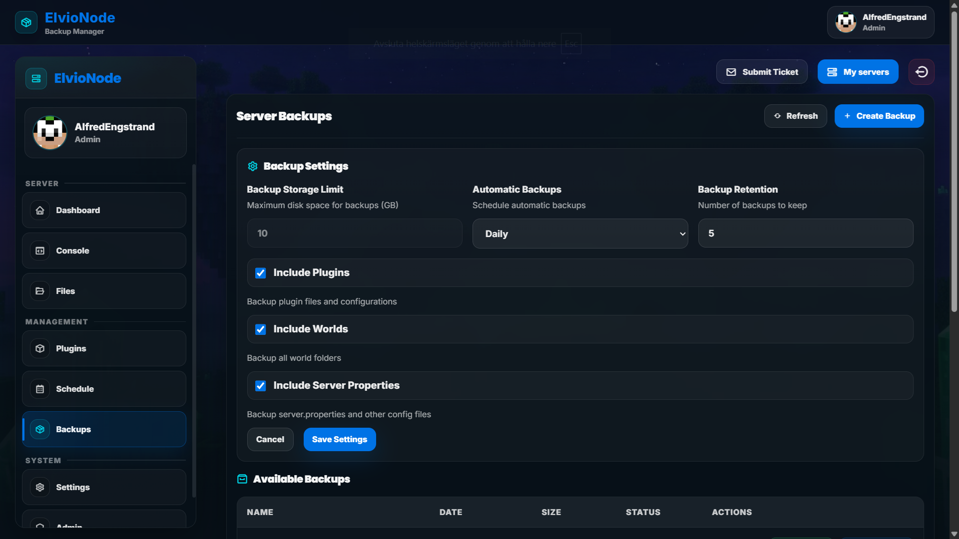 ElvioNode Panel | Backups
