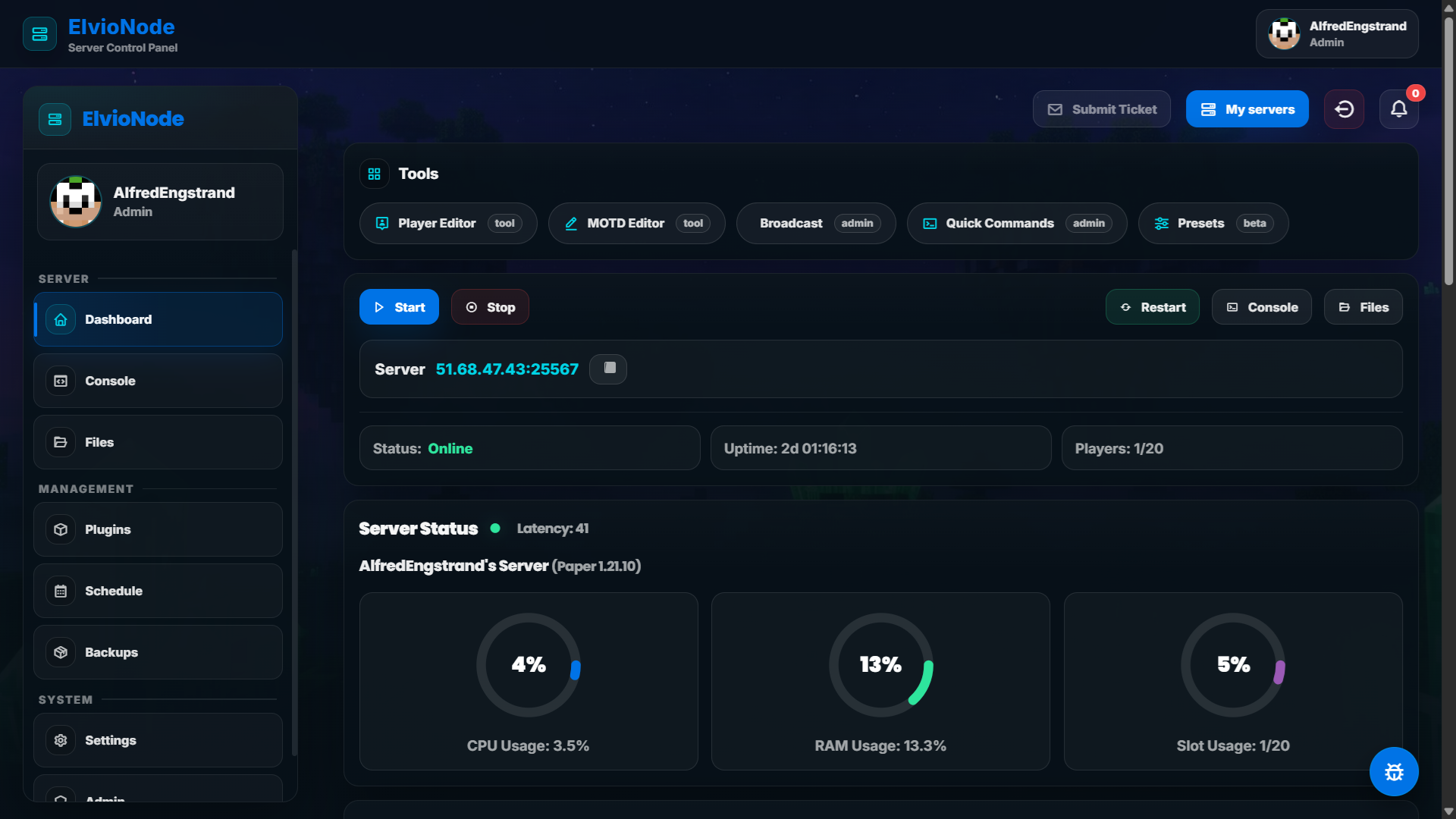 ElvioNode Panel | Dashboard