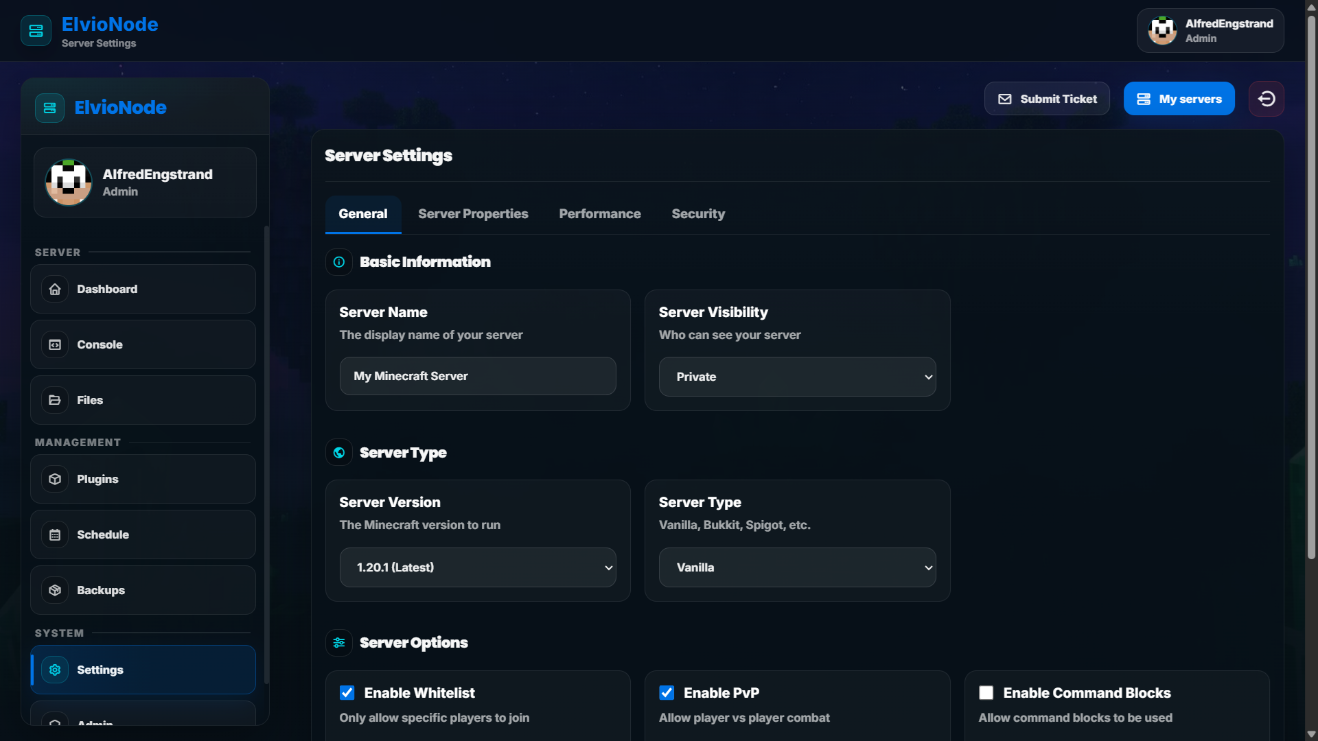 ElvioNode Panel | Settings